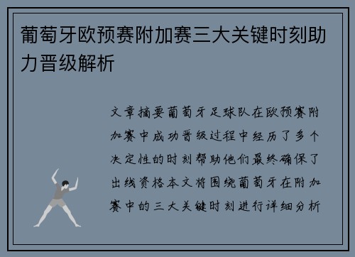 葡萄牙欧预赛附加赛三大关键时刻助力晋级解析 葡萄牙欧预赛附加赛三大关键时刻助力晋级解析
