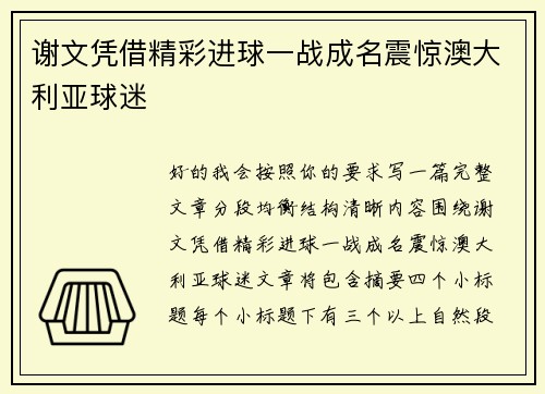 谢文凭借精彩进球一战成名震惊澳大利亚球迷 谢文凭借精彩进球一战成名震惊澳大利亚球迷
